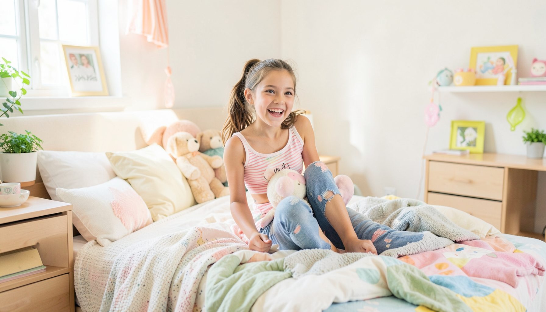 Youthful energy, bright casual bedroom setting, playful and fresh vibe