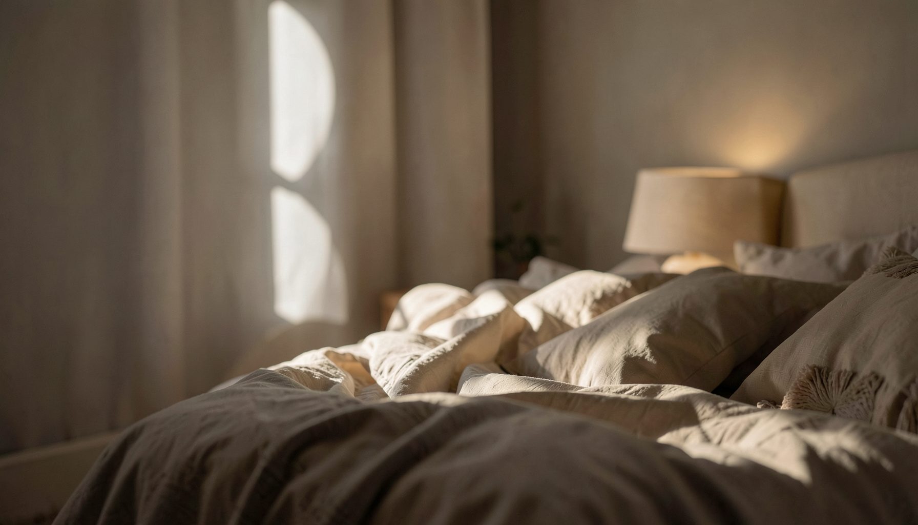 Rear-focused composition, curves highlighted by soft directional light, intimate bedroom