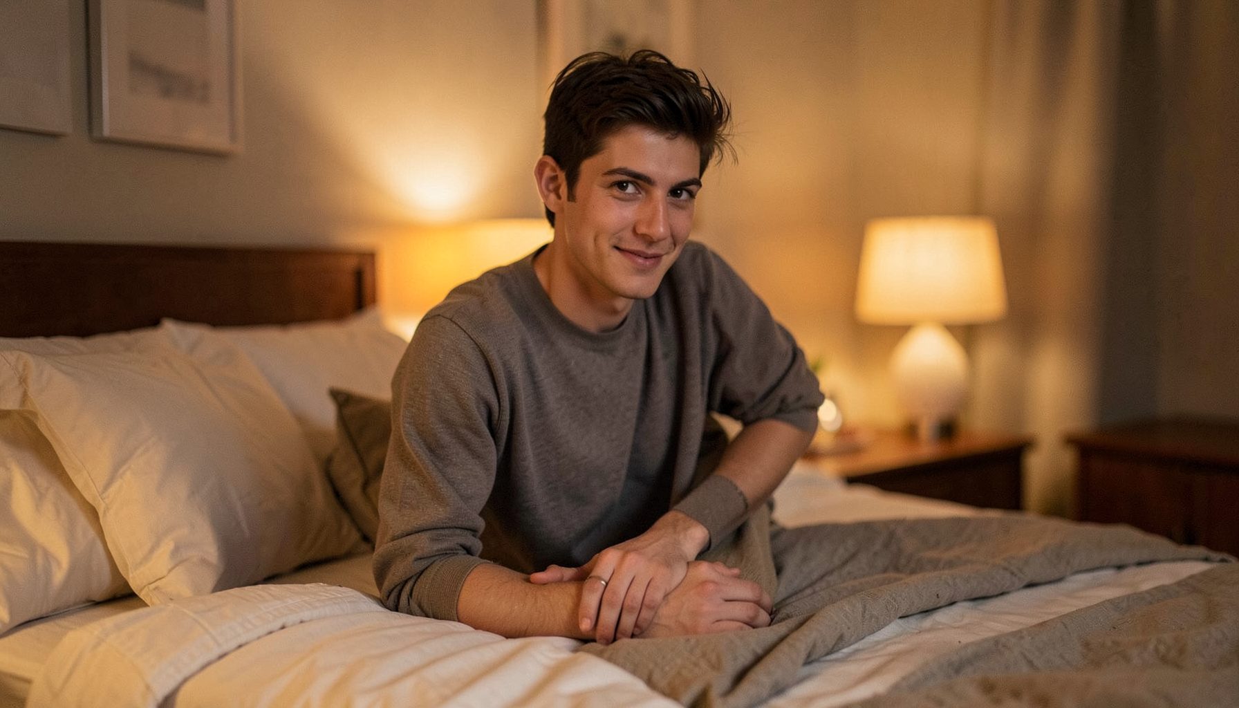 Mature confidence beside youthful energy, warm evening bedroom lighting