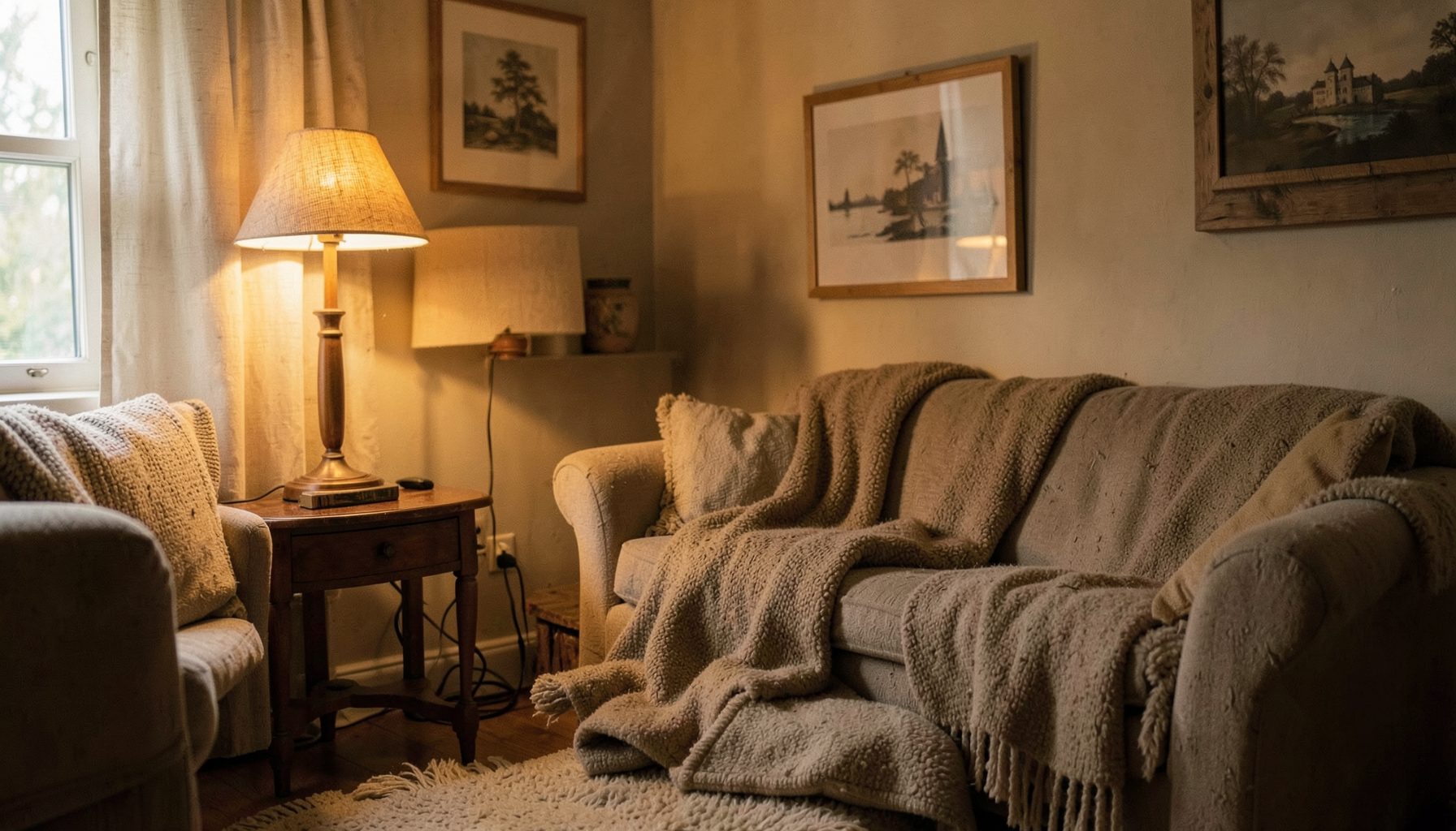 Cozy domestic interior, warm lamp light, natural unpolished intimate mood