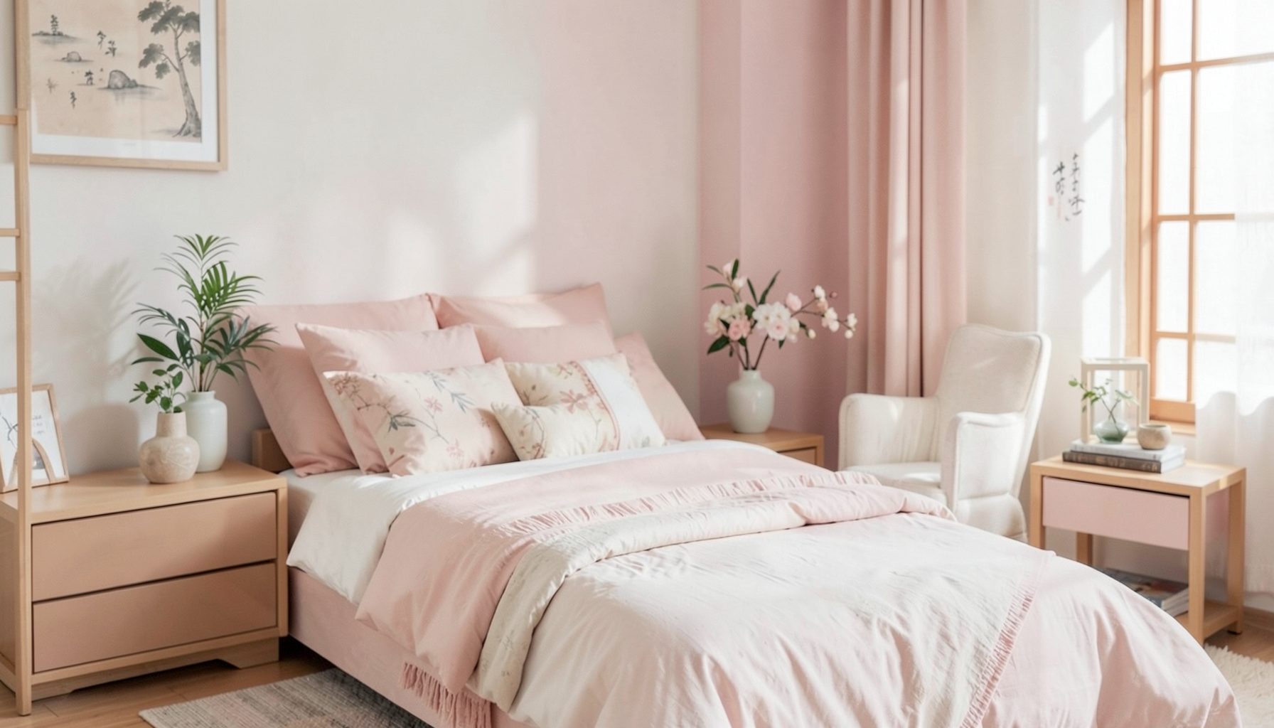Petite frame, delicate features, soft pastel bedroom with Asian-inspired decor
