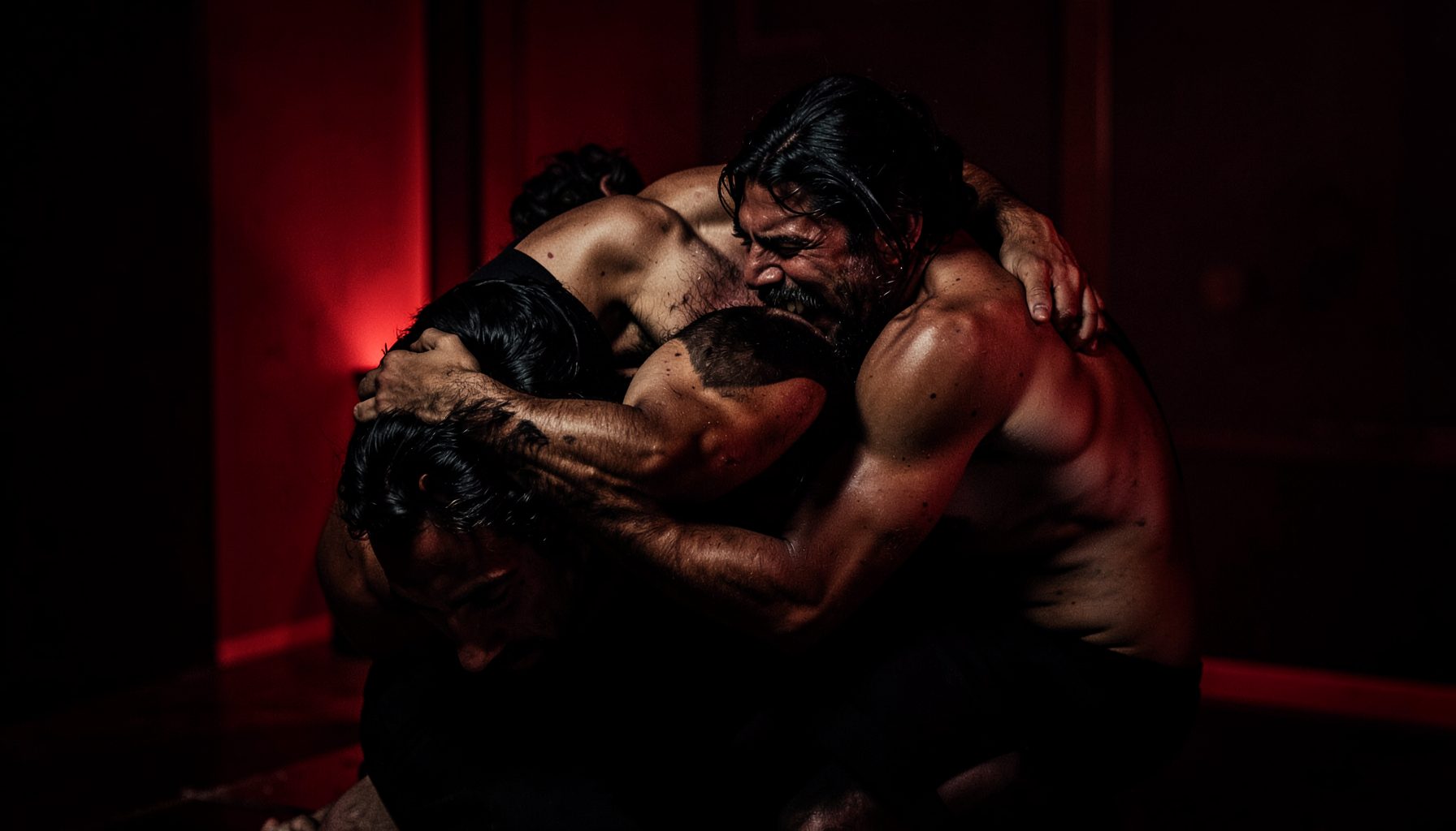 Intense physical drama, bodies locked together, dark room with red accents