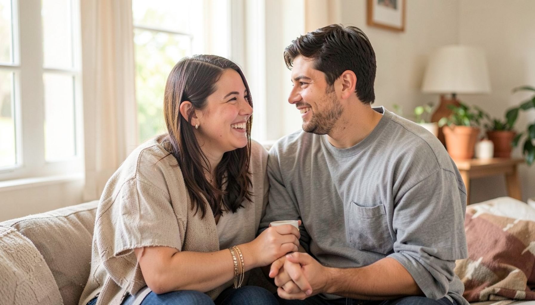 Young couple in casual home setting, natural daylight, genuine chemistry