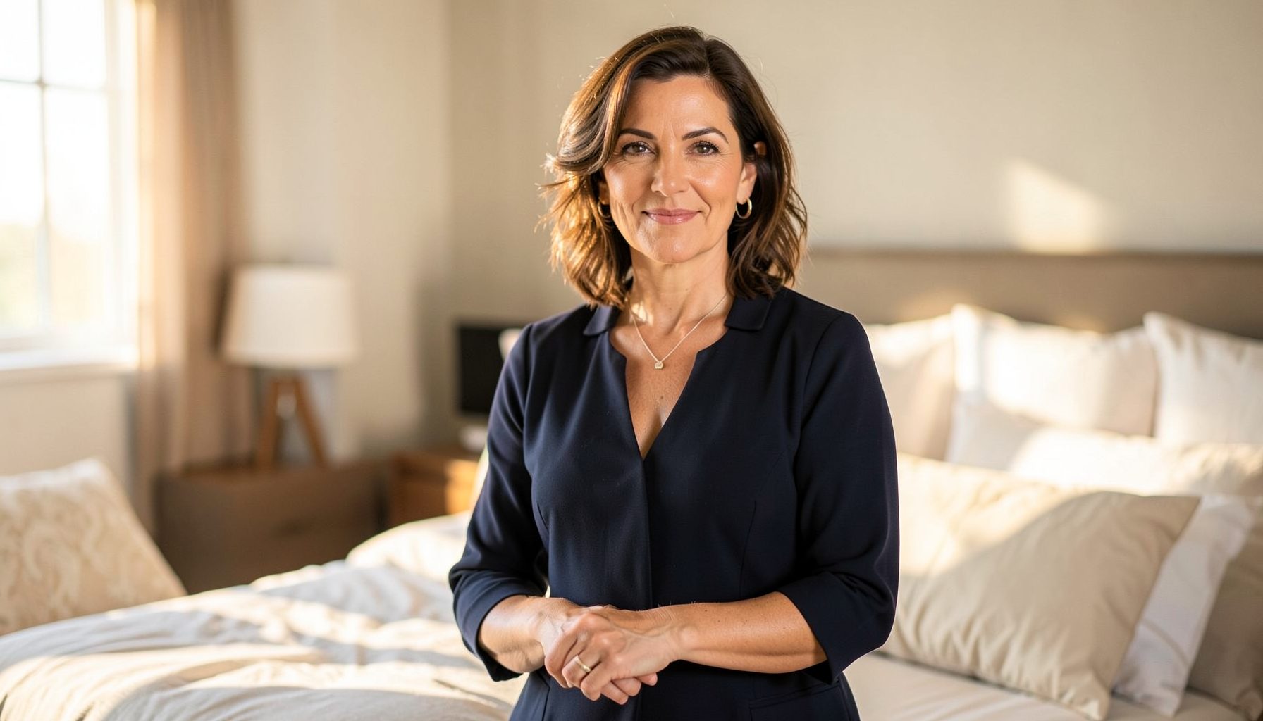 Confident mature woman, sunlit bedroom, experienced and commanding presence